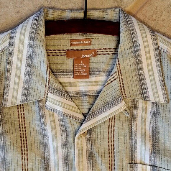Bruno 100% Washable Linen Short Sleeve Striped Sage Green Button Front Shirt NEW - Picture 4 of 11